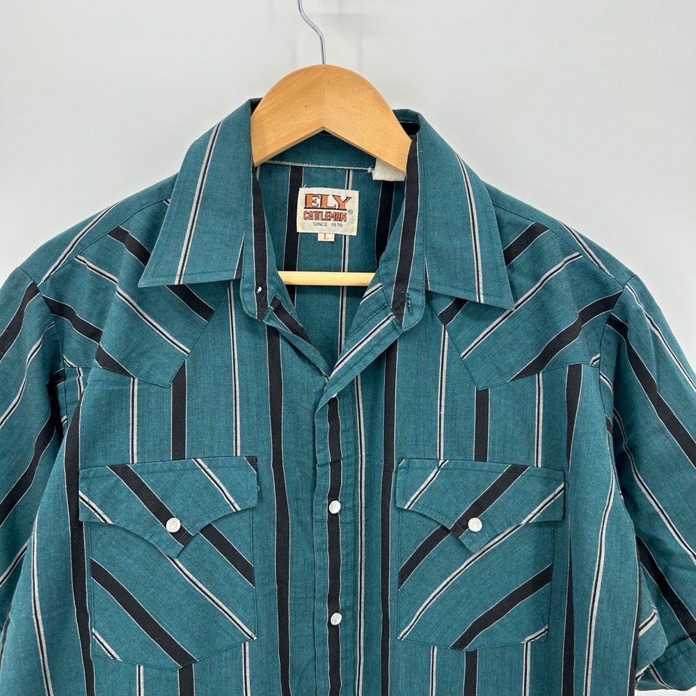 Ely Cattleman Mens Large Teal Striped Short Sleeve Pearl Snap Western Shirt